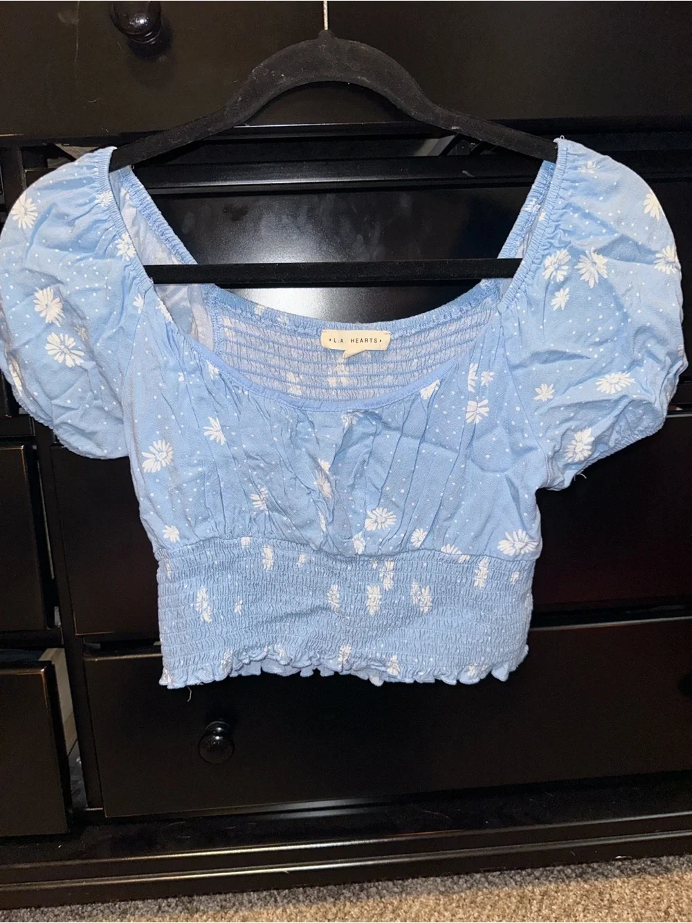 La Hearts Light Blue Daisy Smocked Puff Sleeve Crop Top - Picture 2 of 3